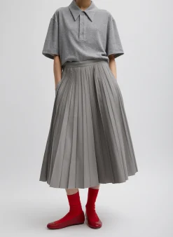 New Tibi Oliver Cotton Stretch Tricotine Pintucked Skirt Grey Moon