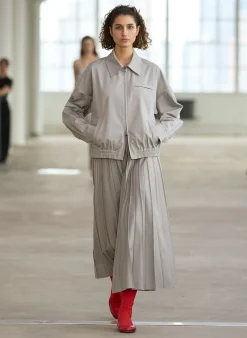 New Tibi Oliver Cotton Stretch Tricotine Pintucked Skirt Grey Moon