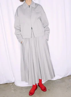 New Tibi Oliver Cotton Stretch Tricotine Pintucked Skirt Grey Moon
