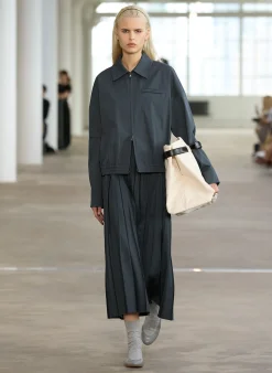 Discount Tibi Oliver Cotton Stretch Tricotine Pintucked Skirt Slate Blue