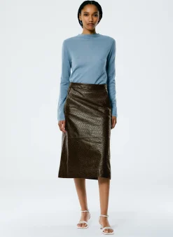 Tibi Ostrich Leather A-Line Skirt Dark Brown