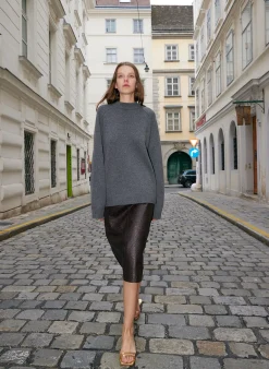Tibi Ostrich Leather A-Line Skirt Dark Brown