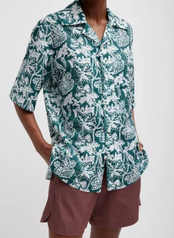 Online Tibi Recycled Nylon Batik Camp Shirt Hunter Green Multi