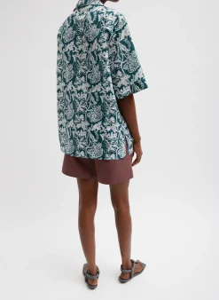 Online Tibi Recycled Nylon Batik Camp Shirt Hunter Green Multi