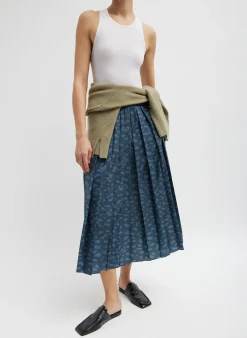 Best Tibi Recycled Sporty Nylon Cheetah Pleated Pull On Skirt Navy Fog Multi
