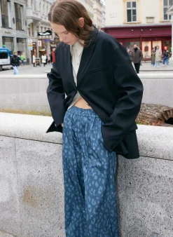 Hot Tibi Recycled Sporty Nylon Cheetah Wide Leg Pull On Pant Navy Fog Multi