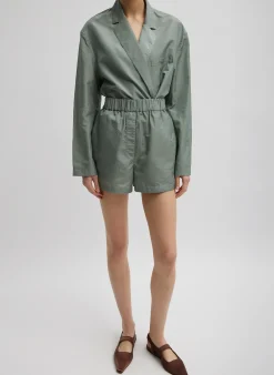 Tibi Silk Nylon Pull On Shorts Pumice Grey