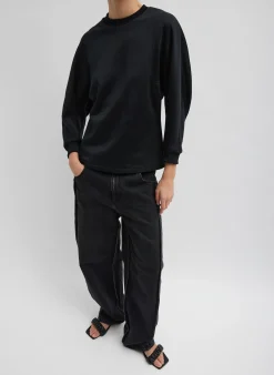 New Tibi Silk Terry Sculpted Sleeve Slim Sweatshirt Black