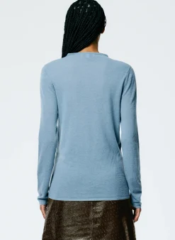 Best Tibi Skinlike Mercerized Wool Soft Sheer Pullover Blue Mist