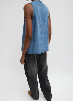 Sale Tibi Spring Denim Slit Front Sleeveless Top Classic Blue