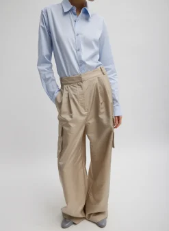 New Tibi Stella Crispy Nylon Pleated Cargo Pant Desert Sand