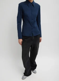 Sale Tibi Stretch Cotton Nylon Circular Sleeve Shirt Navy Blue