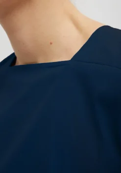 New Tibi Stretch Cotton Nylon Square Neck Slim Circular Sleeve Top Navy Blue