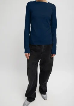 New Tibi Stretch Cotton Nylon Square Neck Slim Circular Sleeve Top Navy Blue