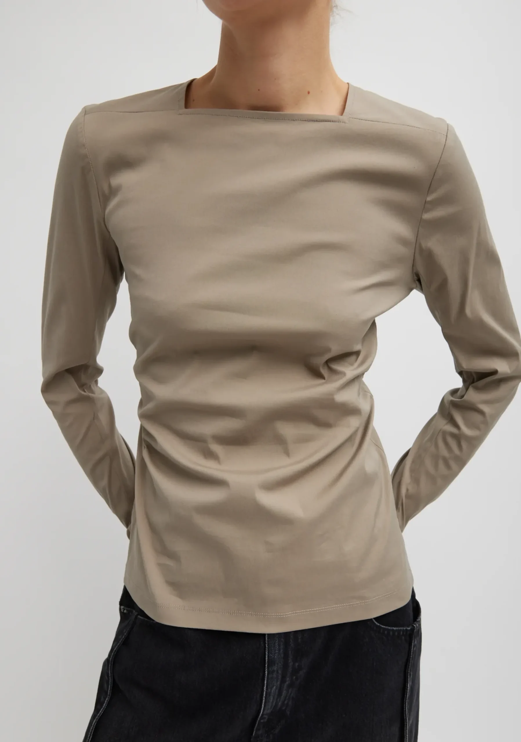 Hot Tibi Stretch Cotton Nylon Square Neck Slim Circular Sleeve Top Mink Grey