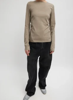 Hot Tibi Stretch Cotton Nylon Square Neck Slim Circular Sleeve Top Mink Grey