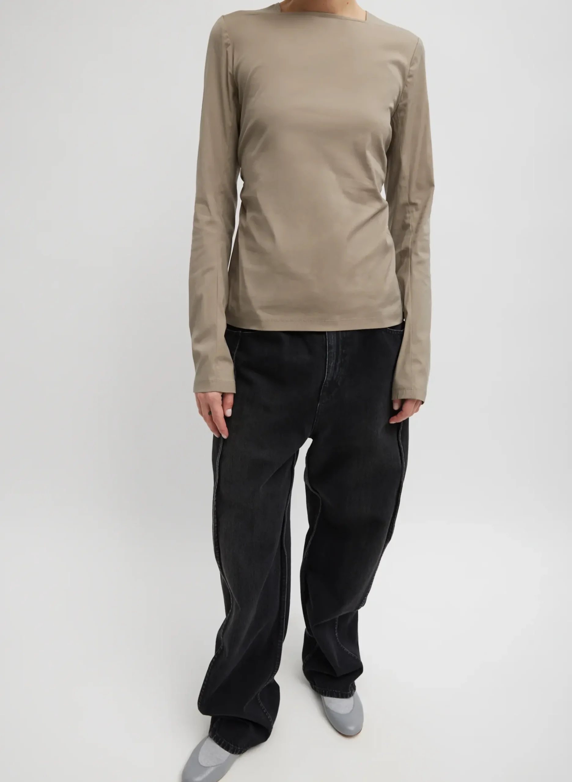 Hot Tibi Stretch Cotton Nylon Square Neck Slim Circular Sleeve Top Mink Grey
