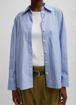 New Tibi Striped Shirting Gabe Oversized Shirt Blue Multi