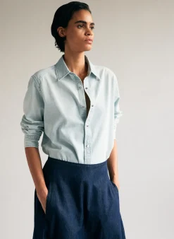 Tibi Summer Denim Charlie Slim Men's Shirt Bleached Denim