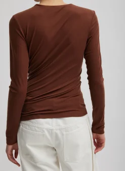 Clearance Tibi Tencel Knit Twisted Seam Long Sleeve T-Shirt Brown