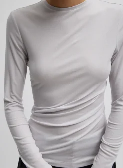 Tibi Tencel Knit Twisted Seam Long Sleeve T-Shirt Pearl Grey