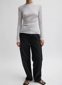 Tibi Tencel Knit Twisted Seam Long Sleeve T-Shirt Pearl Grey