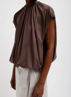 Online Tibi T-Shirting Shirred Neck Circular Top Cacao